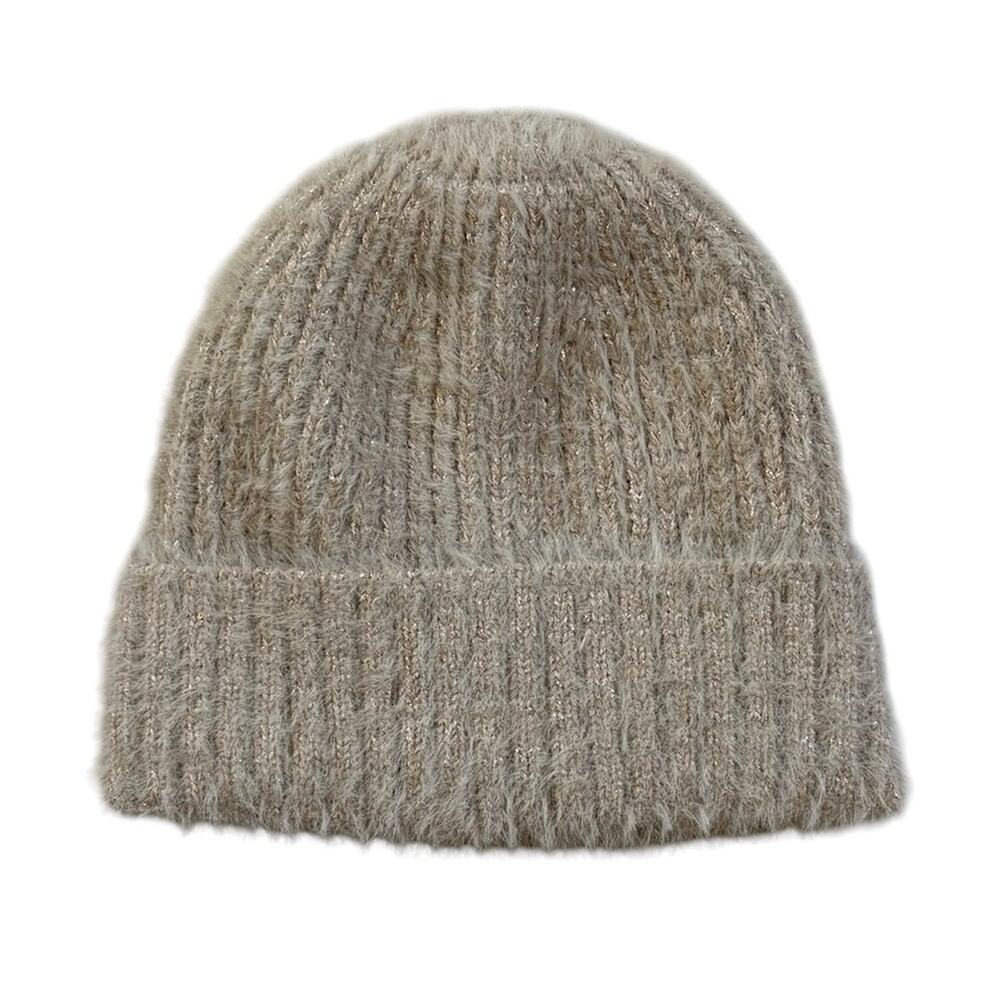 Express Unisex Adult One Size Beige Faux Fur Knit Beanie Hat Warm Cozy
